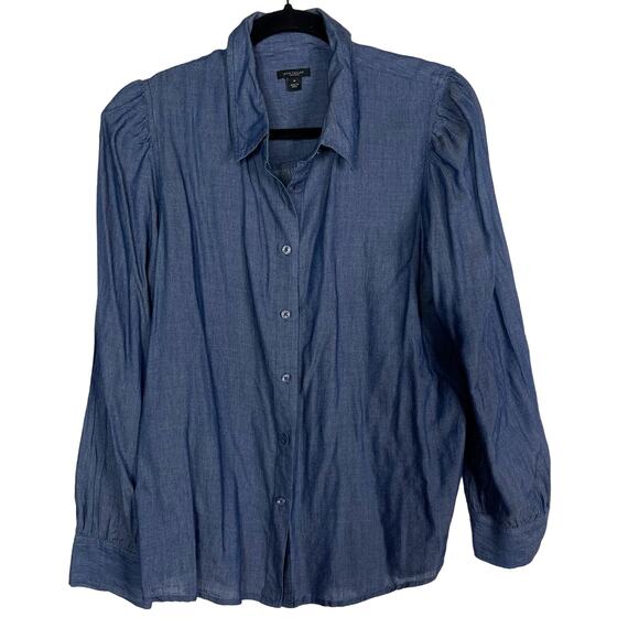 Ann Taylor Medium Blue Lightweight Chambray Puff Long Sleeve Button Down Blouse - Picture 1 of 10